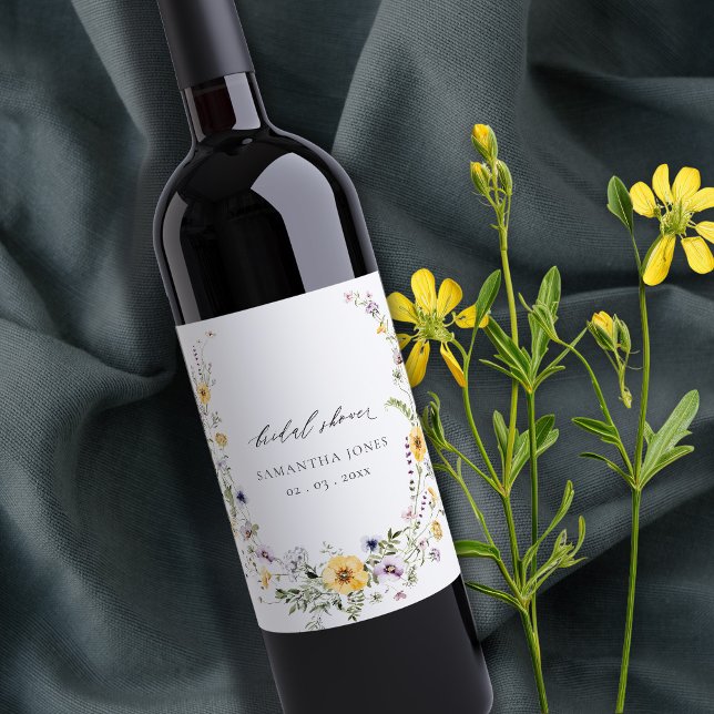 Chic Yellow Lilac Wildblume Wreath Brautparty Weinetikett (Von Creator hochgeladen)