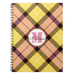 Chic Yellow Pink Kariert Tartan Monogram Script Na Notizblock