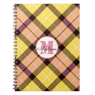 Chic Yellow Pink Kariert Tartan Monogram Script Na Notizblock