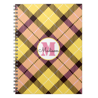 Chic Yellow Pink Kariert Tartan Monogram Script Na Notizblock