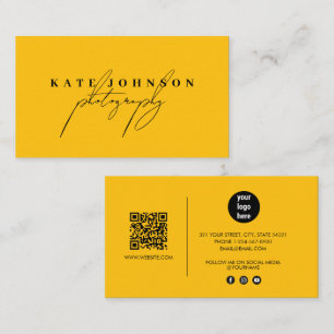 Chic Yellow Signature Script QR Code Social Media Visitenkarte