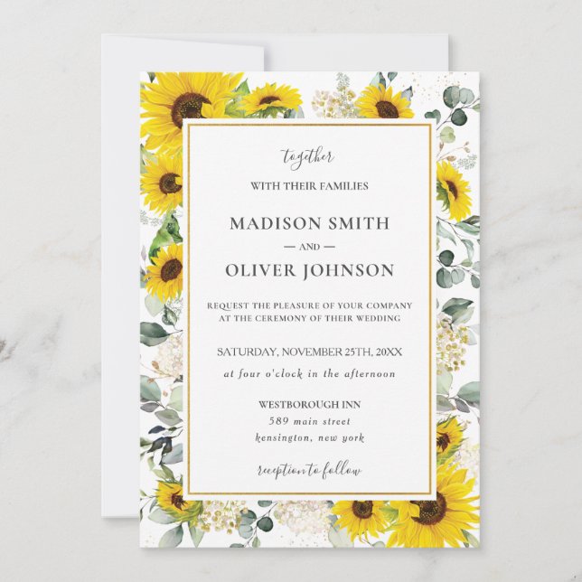 Chic Yellow Sunflower Floral Gold Rahmen Wedding Einladung (Vorderseite)