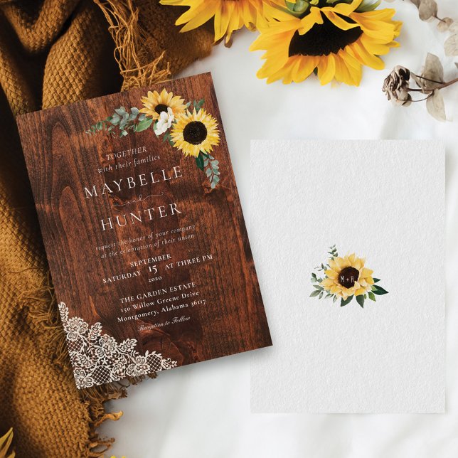 Chic Yellow Sunflowers Spitzen & Woodgrain Hochzei Einladung (Chic Yellow Sunflowers Lace & Woodgrain Wedding Invitation)