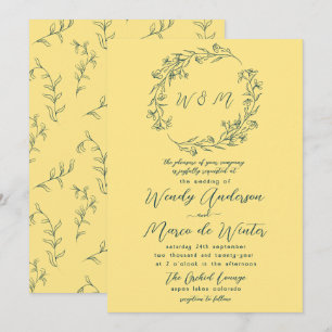 Chic Yellow und Tiber Blue Boho Botanische Hochzei Einladung