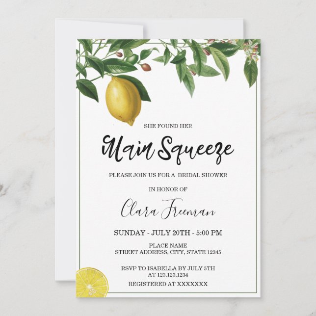 Chic Yellow Watercolor Lemon Themed Brautparty Einladung (Vorderseite)