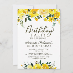 Chic Yellow Watercolor Rose Floral 18. Geburtstag Einladung