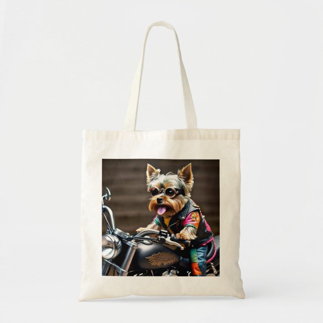 Chic Yorkie auf einer Motorrad-Tote-Tasche Tragetasche (Vorne)