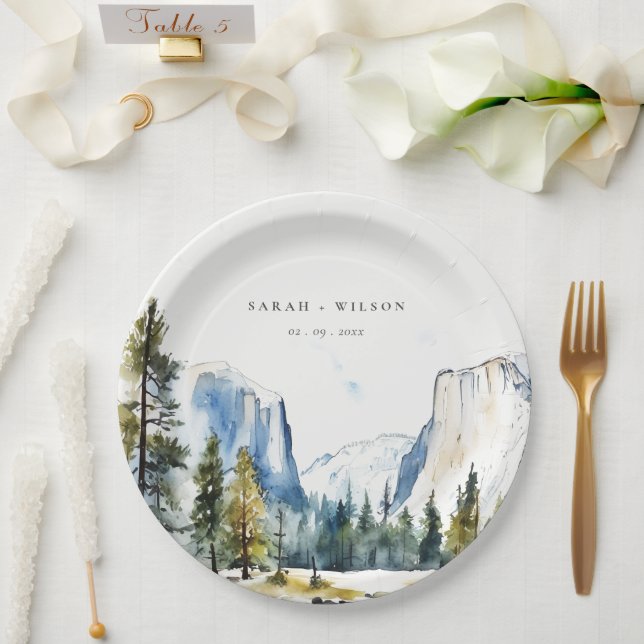 Chic Yosemite National Park CA Wasserfarbenhochzei Pappteller (Hochzeit)