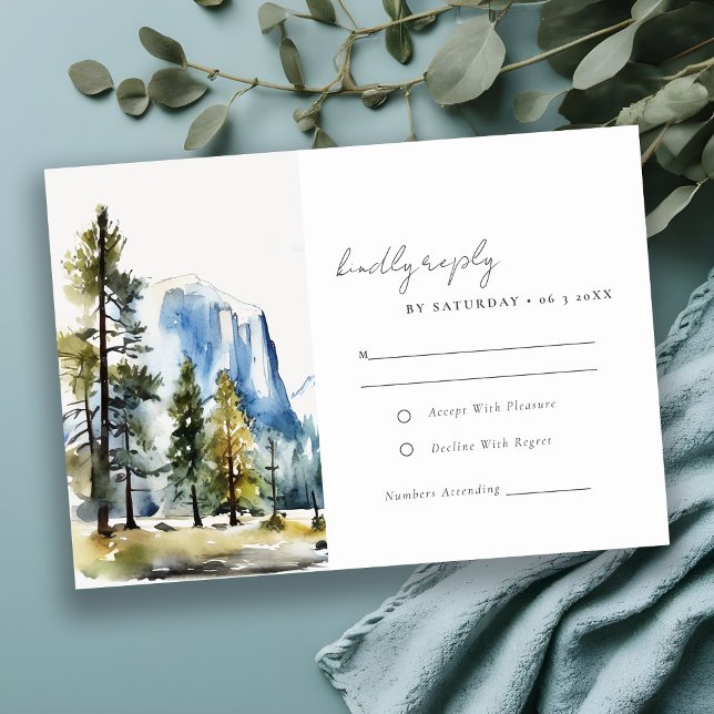 Chic Yosemite National Park CA Wasserfarbenhochzei RSVP Karte (Von Creator hochgeladen)