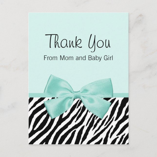 Chic Zebra Fresh Mint Bow Baby Dusche Vielen Dank Ankündigungspostkarte (Vorderseite)