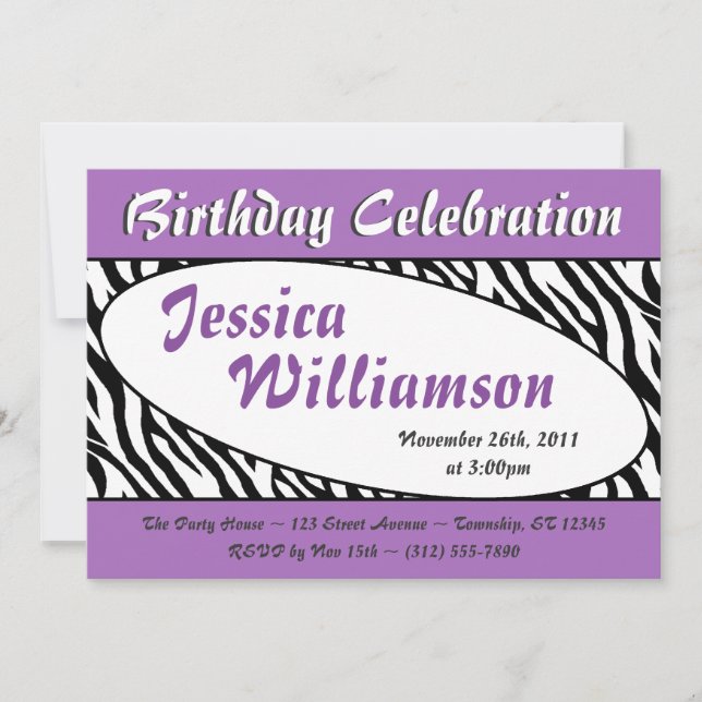 Chic Zebra Imprimer Oval Purple Invitations Annive (Devant)