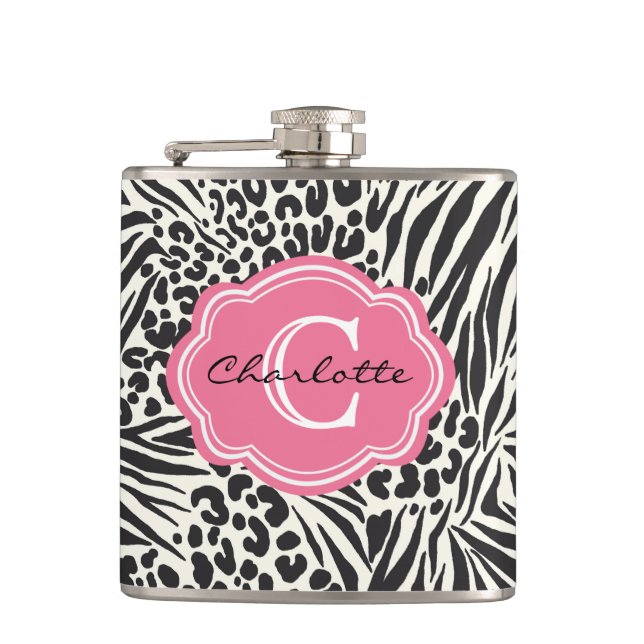 Chic Zebra Leopard und Pink Custom Monogram Flask Flachmann (Vorderseite)