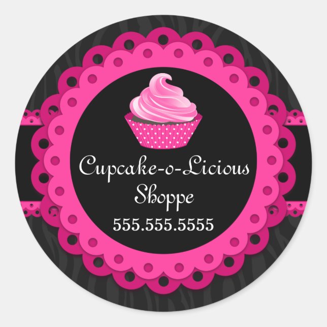 Chic Zebra Pink Lace Cupcake Bäckerei Box Siegel Runder Aufkleber (Vorderseite)