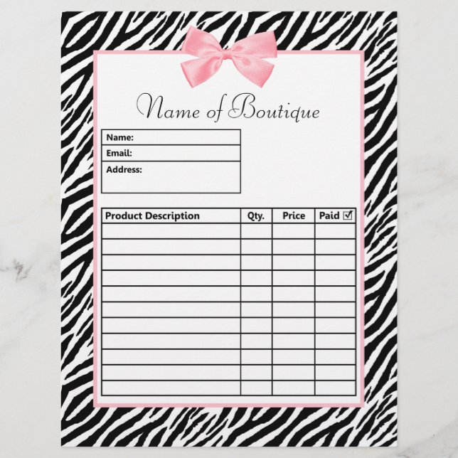 Chic Zebra Print Light True Pink Ribbon Order Form (Vorderseite)
