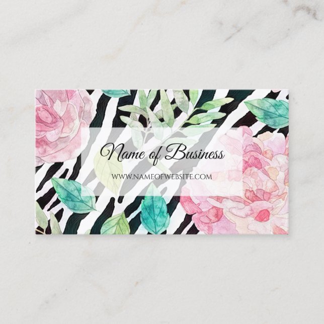 Chic Zebra Print mit Girl Pink Floral Visitenkarte (Vorderseite)