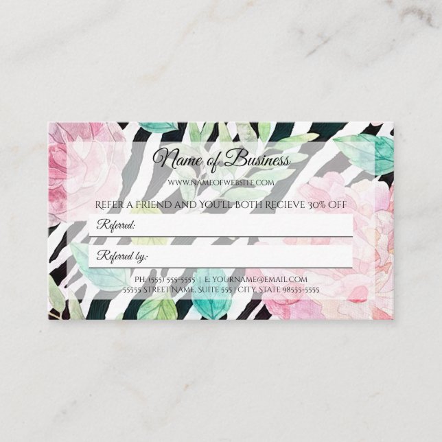 Chic Zebra Print Pink Floral Friend Referendum Empfehlungskarte (Vorderseite)