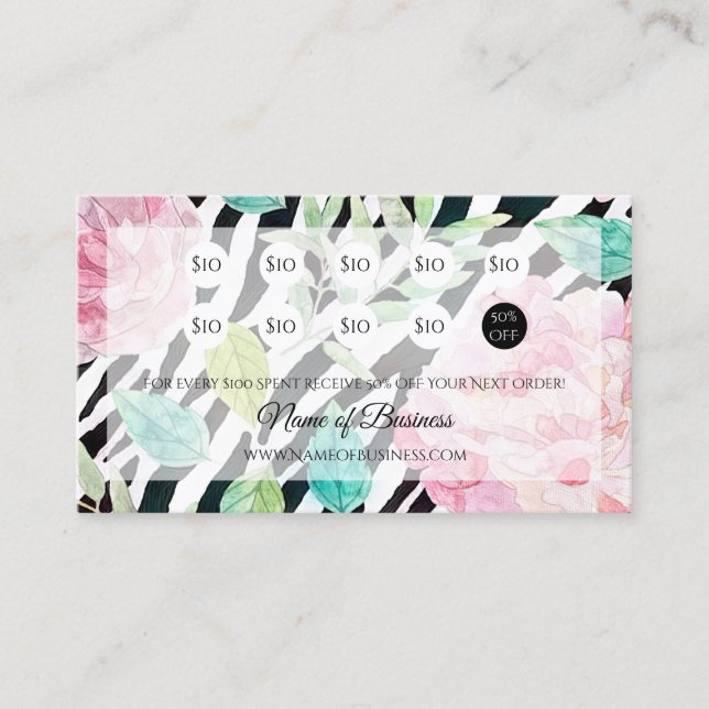 Chic Zebra Print Pink Floral Loyalty Prämien Treuekarte (Vorderseite)