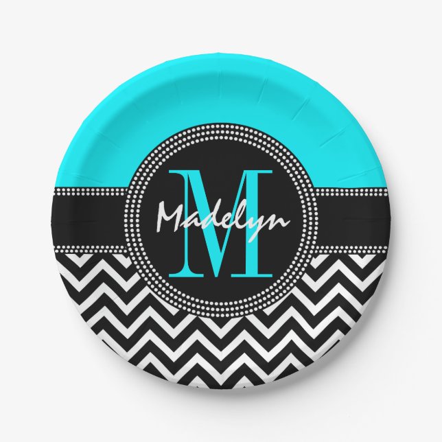 Chic Zickzack Bright Aqua Birthday Monogram Pappteller (Vorderseite)