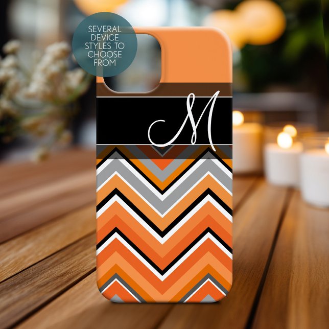 Chic Zickzack Pattern Black Gray Orange Monogram Case-Mate iPhone Hülle (Personalized Phone Case with Monogram)