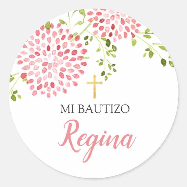 Chica de bautismo Flores rosadas Pegatina redondo Runder Aufkleber (Vorderseite)