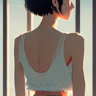 Chica usando shorts de mezclilla ilustración anime poster
