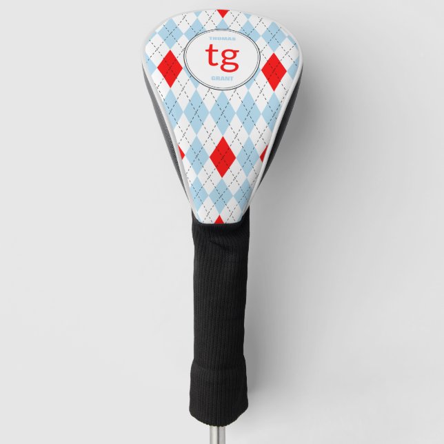 Chicago Blue & Red Argyle Pattern Modern Monogram Golf Headcover (Vorderseite)