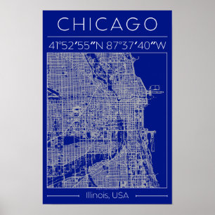 Chicago Blueprint Stadtplan Poster Blau Minimalist