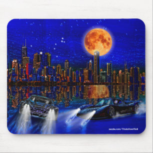 Chicago City Skyline and Street Racing Cars Mousepad