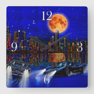 Chicago City Skyline and Street Racing Cars Quadratische Wanduhr