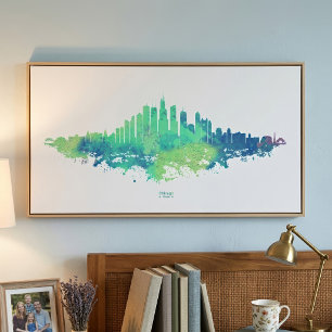 Chicago City Skyline Wasserfarbe in blau und grün Fotodruck