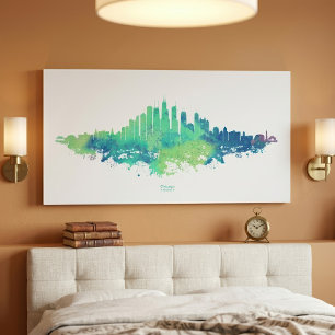 Chicago City Skyline Wasserfarbe in blau und grün Leinwanddruck