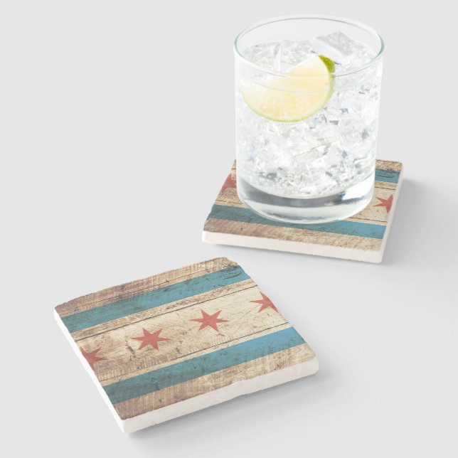 Chicago-Flagge auf altem hölzernem Korn Steinuntersetzer (Seitenansicht)