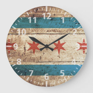 Chicago-Flagge auf alter Holzmaserung Große Wanduhr