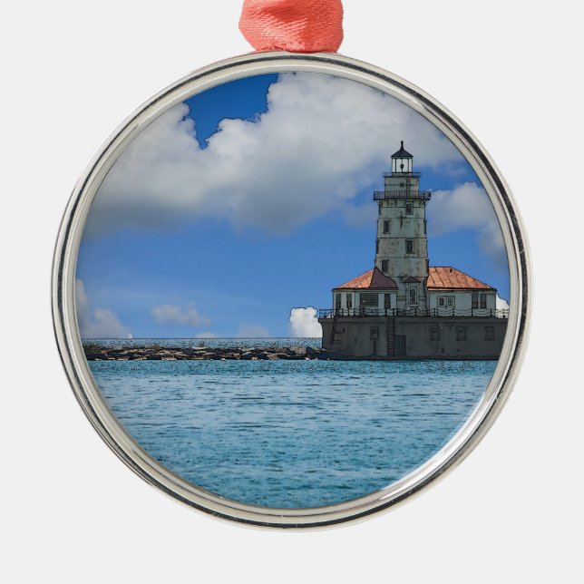 Chicago Harbour Lighthouse Painterly Silbernes Ornament (Vorne)