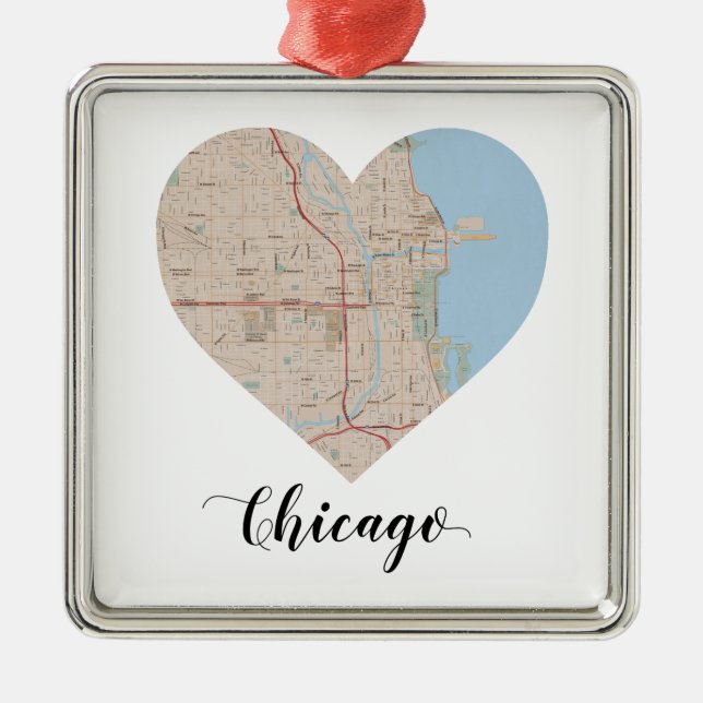 Chicago-Herz-Karte Silbernes Ornament (Vorne)