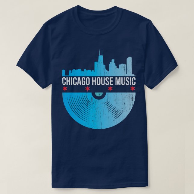 Chicago House Music - Skyline Vinyl Record Dj Rave T-Shirt (Design vorne)