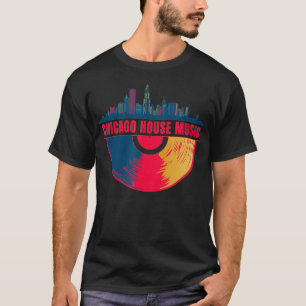 Chicago House Music Vinyl Dj Raver Flag Skyline T-Shirt