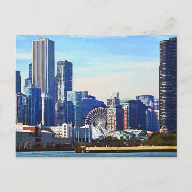 Chicago IL - Chicago Skyline und Navy Pier Postkarte (Vorderseite)