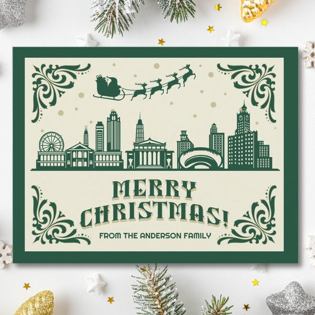 Chicago, IL Skyline Carte postale de Noël (Chicago, IL skyline christmas card green modern merry christmas postcard with custom details)