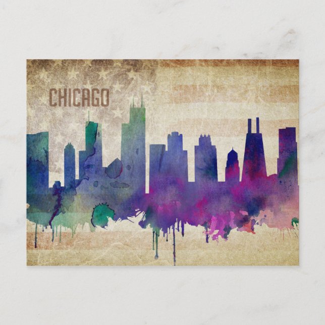 Chicago, IL | Wasserfarbe Stadt Skyline Postkarte (Vorderseite)