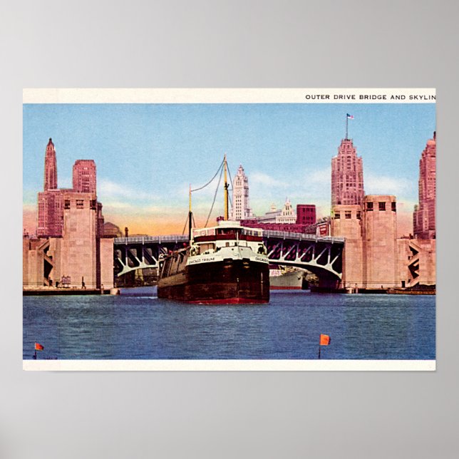 Chicago Illinois Äußere Drive Bridge und Skyline Poster (Vorne)