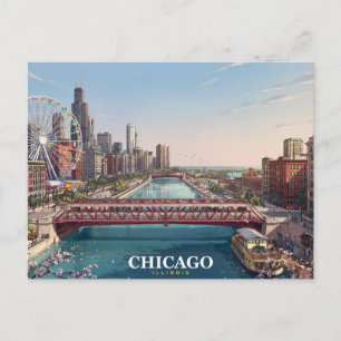 Chicago Illinois   Chicago River Skyline Souvenir Postkarte