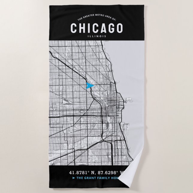 Chicago, Illinois City Map + Ihre individuelle Lag Strandtuch (Vorderseite)