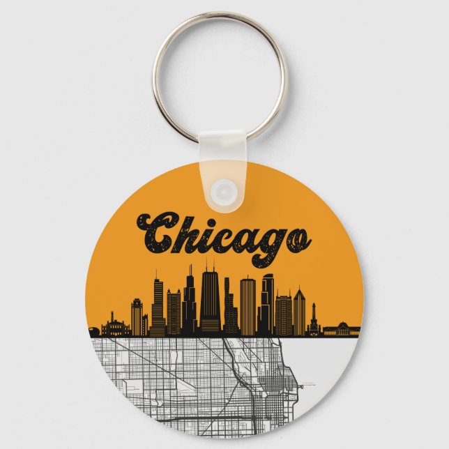 Chicago Illinois City Skyline mit Karte Schlüsselanhänger (Vorderseite)