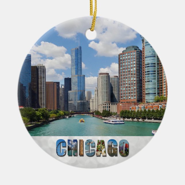 Chicago Illinois River Skyline Foto Weihnachten Keramik Ornament (Vorne)
