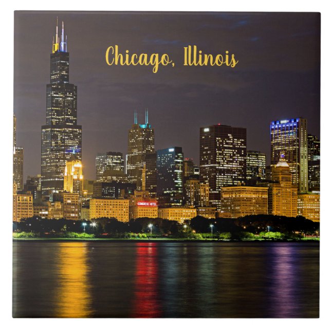 Chicago, Illinois Skyline bei Nacht Fliese (Vorderseite)