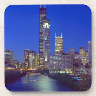 Chicago, Illinois, Skyline bei Nacht mit Chicago Getränkeuntersetzer