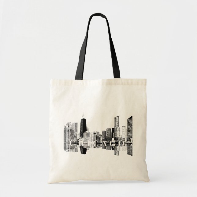 Chicago, Illinois-Skyline in schwarzer Tinte Tragetasche (Vorne)