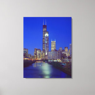 Chicago, Illinois, Skyline nachts mit Chicago Leinwanddruck