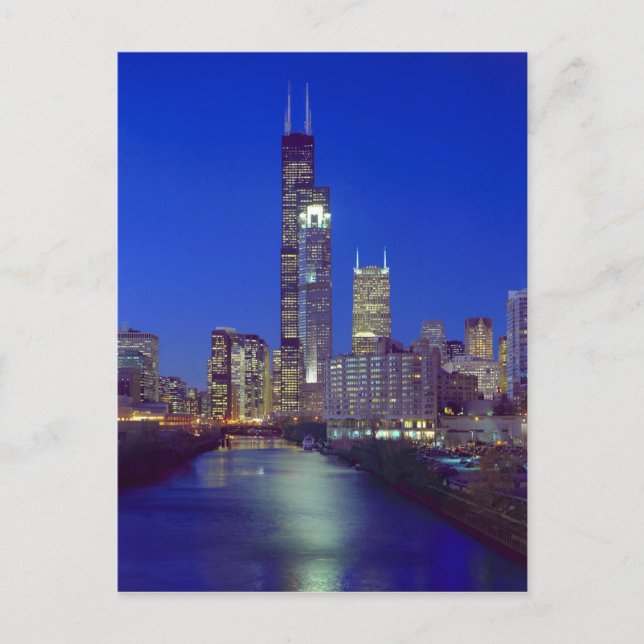 Chicago, Illinois, Skyline nachts mit Chicago Postkarte (Vorderseite)